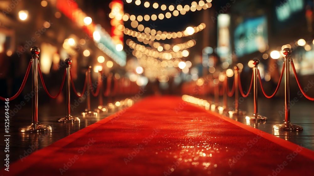 Poster red carpet rolling out in front of glamorous movie premiere background
