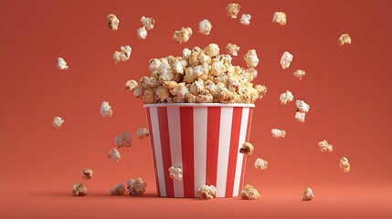 Red white paper bucket full of popcorn on isolated