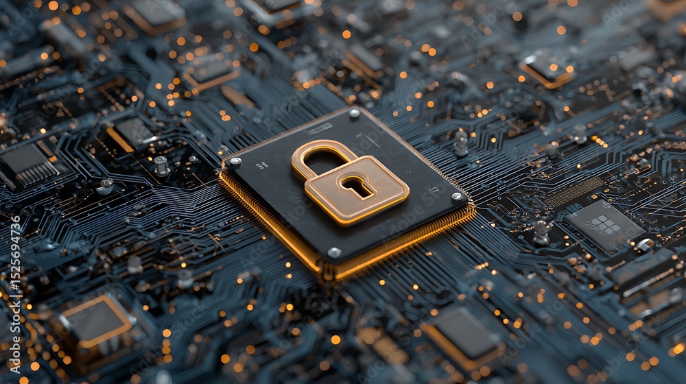 Poster Secure connection or cybersecurity service concept of compute motherboard closeup and safety lock with login and connecting verified credentials as wide banner design -