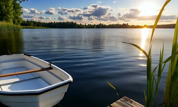 Rowboat on calm lake at sunset