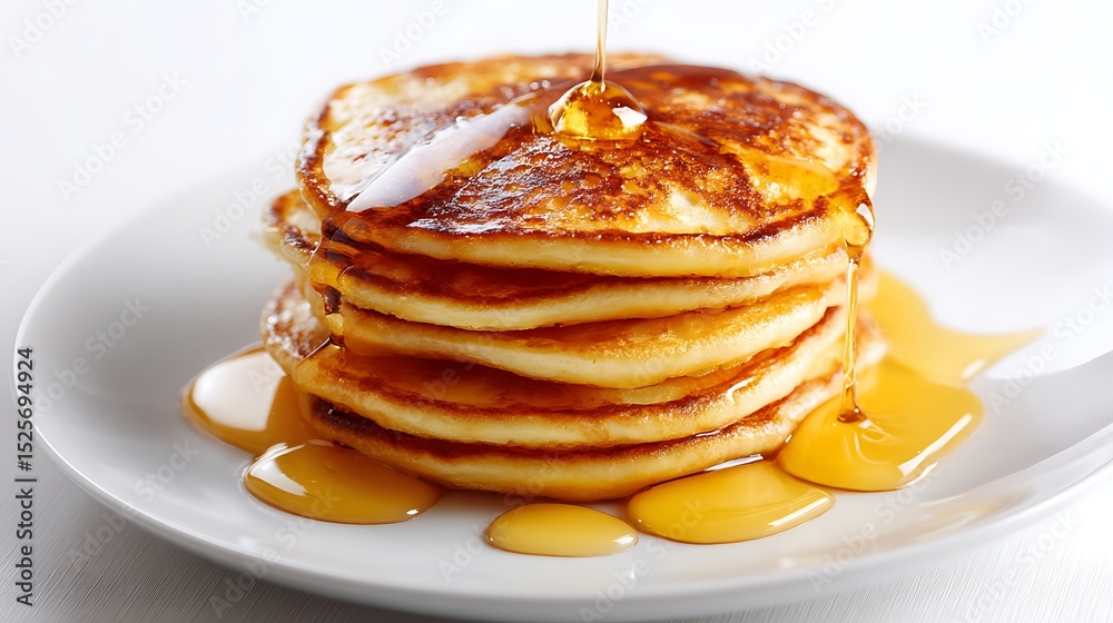 Poster stack of pancake with honey syrup on the white plate on isolated