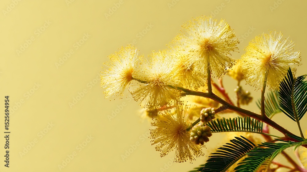 Poster Springtime macro of a mimosa flower with a yellow hue isolated pastel background copy space