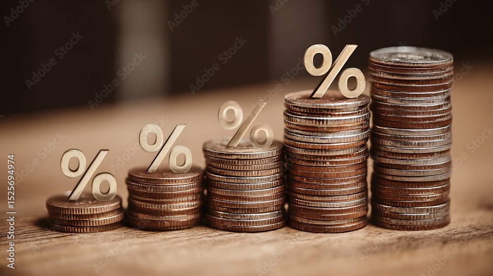 Poster Stacks of coins and percentage symbol showing idea of interest rates and value appreciation