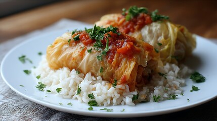 Stuffed cabbage with rice on a white table