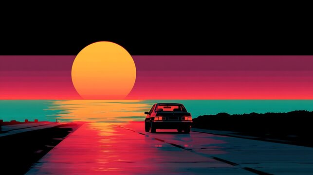 Summer vibes 80s style illustration with car driving into sunset