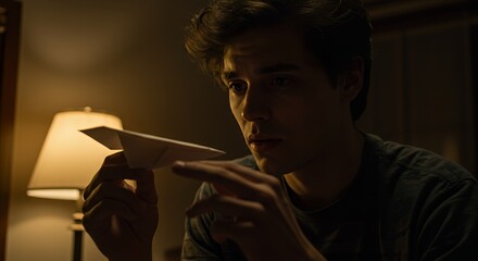 Young Man Contemplating a Paper Airplane