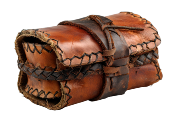 Leather pouch bound with braided strap detail