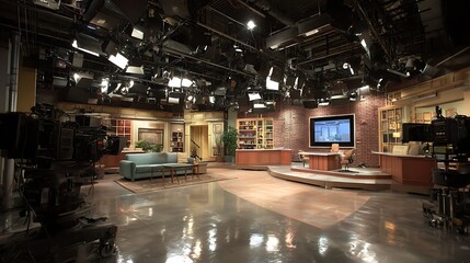Television studio, studio news with a large screen in the middle, tv news studio