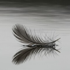 Obraz premium Serene Reflection: A Single Feather Floating on Calm Water, Black and White Photography
