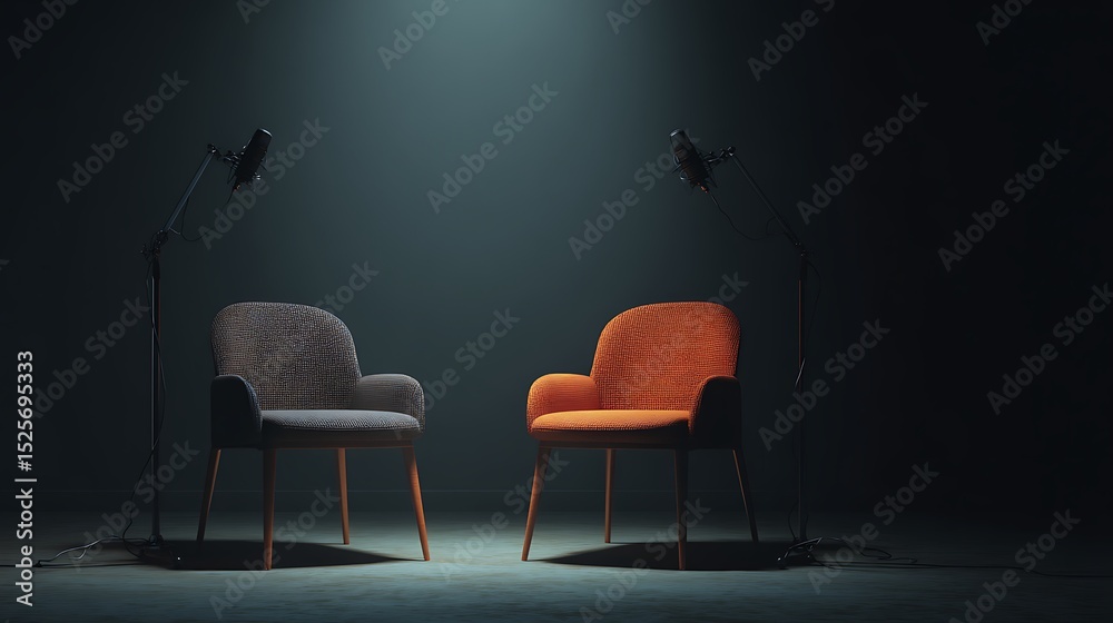 Poster Two chairs and microphones in podcast or interview room isolated on dark background as a wide banner for media conversations or podcast streamers concepts with copyspace