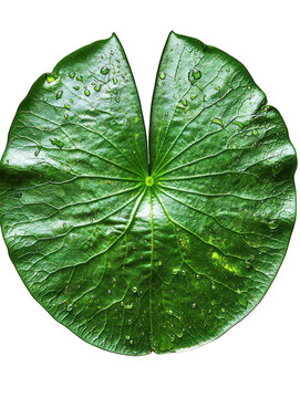 Large, round green lily pad with water droplets