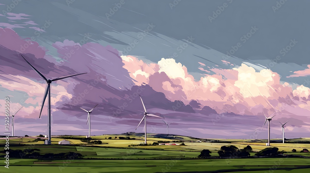 Poster wind farm, wind generators in mountain landscape, development of renewable energy sources