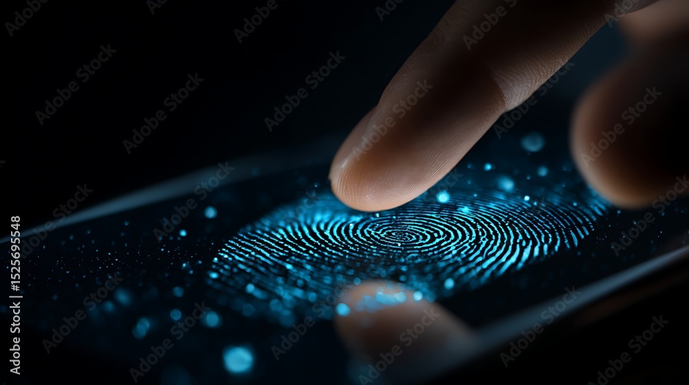 Aufkleber 2Fa authentication login or cybersecurity fingerprint and secure online connection of professional trading or financial personal electronic banking account, wide futuristic banner design