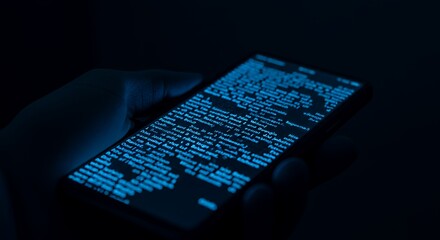 Night Coding:  A programmer's hand holds a smartphone displaying lines of glowing blue code in the darkness.