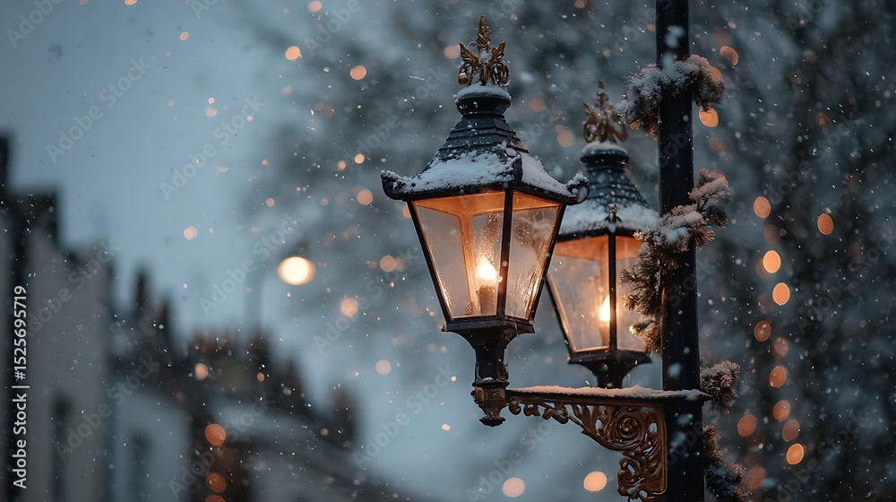 Poster a charming street lamp adorned with festive decorations glows warmly amidst falling snowflakes, crea