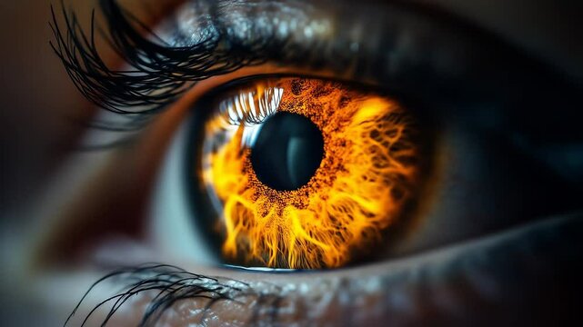 An extreme macro shot of a human eye with a fiery, glowing orange and yellow iris.