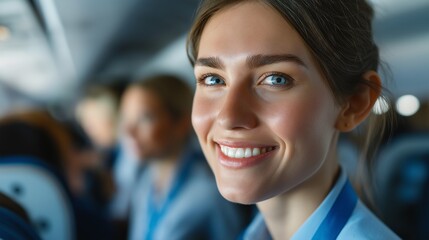Fototapeta premium A female flight attendant, stewardess working at the airport. Guiding passengers to their seats and providing the best service. Personnel for a safe flight. Created by AI.