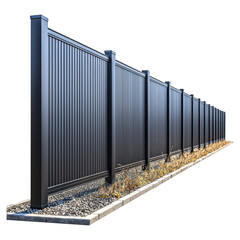 Metal fence with posts, dark gray, against a black backdrop