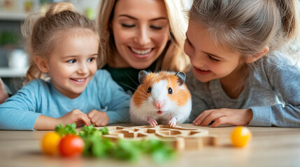 A mother and two daughters watching a hamster on a wooden maze with vegetables on the table top