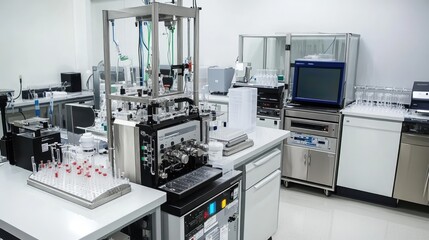 Biopharmaceutical technology suite within drug company featuring advanced lab automation