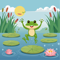 Fototapeta premium Frogs jumping on lily pads in sync 