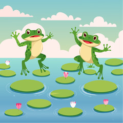 Obraz premium Frogs jumping on lily pads in sync 