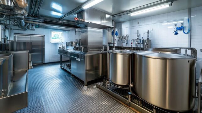 Batch processing room with stainless mixing vessels and containment hoods, no humans visible