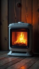 Close-up of a cozy, glowing electric heater radiating warmth against a rustic wooden background Perfect for winter comfort and home ambiance themes , homey, house, electric heater