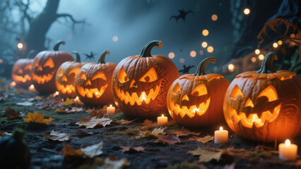 Fototapeta premium A Halloween scene featuring a row of intricately carved jack-o'-lanterns with glowing orange lights, set against a dark, misty backdrop. Halloween, Halloween Costumes, Halloween Background