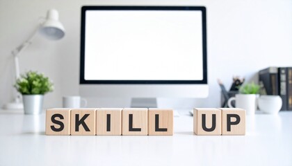 デスクトップパソコンとスキルアップを意味する英語のフレーズSKILL UPの文字が書かれたキューブブロック。 aiで生成	