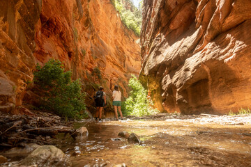 Women Trek Through the Shallow Waters of Creek through Bear Trap Canyon