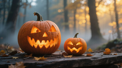 A Halloween scene featuring two intricately carved jack-o'-lanterns with glowing orange lights illuminating their mischievous faces. Halloween, Halloween Costumes, Halloween Background