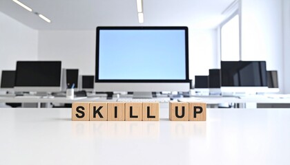 デスクトップパソコンとスキルアップを意味する英語のフレーズSKILL UPの文字が書かれたキューブブロック。 aiで生成	