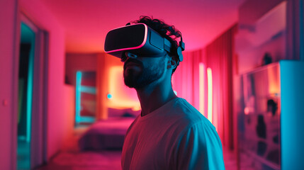 Man experiencing virtual reality with vr headset in a room with pink and blue lighting effects