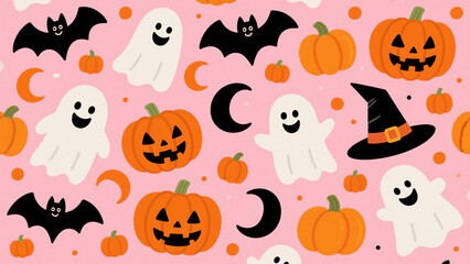 A charming and playful Halloween-themed illustration featuring a seamless pattern of festive elements. Halloween, Halloween Costumes, Halloween Background, Happy Halloween