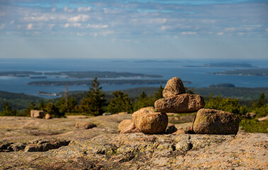 Balanced Rocks of A Bates Cairn Sits On The Open Rocks Of Cadillac Mountain