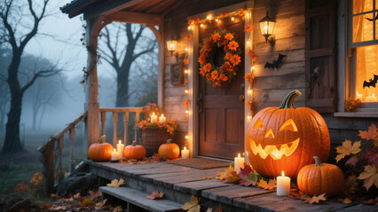 Obraz premium A Halloween scene featuring a rustic wooden porch bathed in warm, inviting light. Halloween, Halloween Costumes, Halloween Background, Happy Halloween