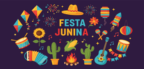 Festa Junina celebration. Brazil June Festival Design. Folklore Holiday. Guitar, Accordion, Cactus, Sunflower, Campfire on dark background. Banner, Card, Poster. Festa de Sao Joao Vector illustration
