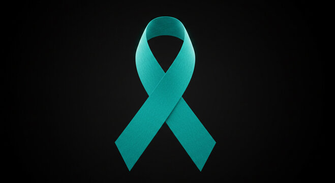 Teal ribbon representing awareness against gynecological cancer on a black background