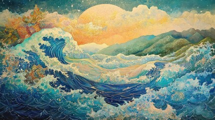 Serene Seascape: A Harmony of Waves, Mountains, and Celestial Light Painting
