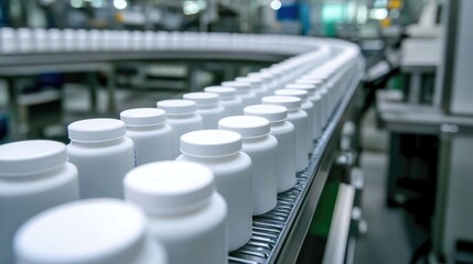 Obraz premium Conveyor belt transporting white pill bottles through an automatic labeling station