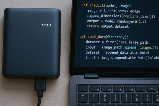 External hard drive connected to laptop with programming code on screen ai developer freelancer working on data loading and prediction