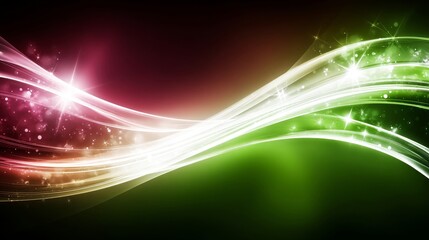 Glowing abstract white light lines flow across a dynamic pink and green gradient background adorned with bright stars and shimmering particles.