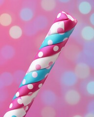 Detailed view of a bright pink, blue, and white fabric twisted into a colorful abstract pattern with polka dots against a soft bokeh background.