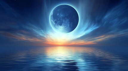 Obraz premium A massive blue celestial body hangs prominently over a calm ocean surface under a dramatic sky with vibrant colors and celestial light rays.