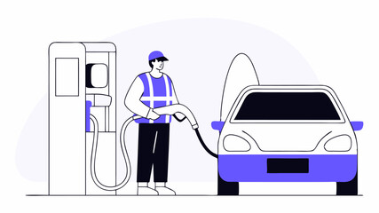 vector illustration of gas-station attendant refueling the car