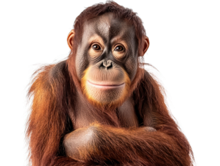 Orangutan posed with folded arms, staring at camera
