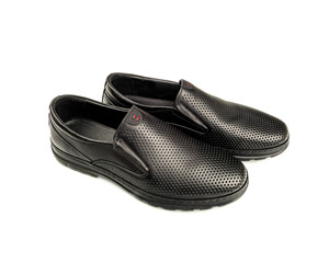Black leather shoes are presented on a white background, the execution of which is distinguished by the meticulous attention to detail,