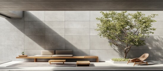 Serene minimalist outdoor patio featuring a tree and wooden furniture set