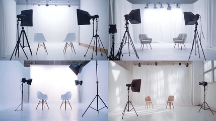 Four studio setups showcasing minimalist photography backdrops, lighting equipment (strobes, stands, softboxes), and simple chair arrangements 